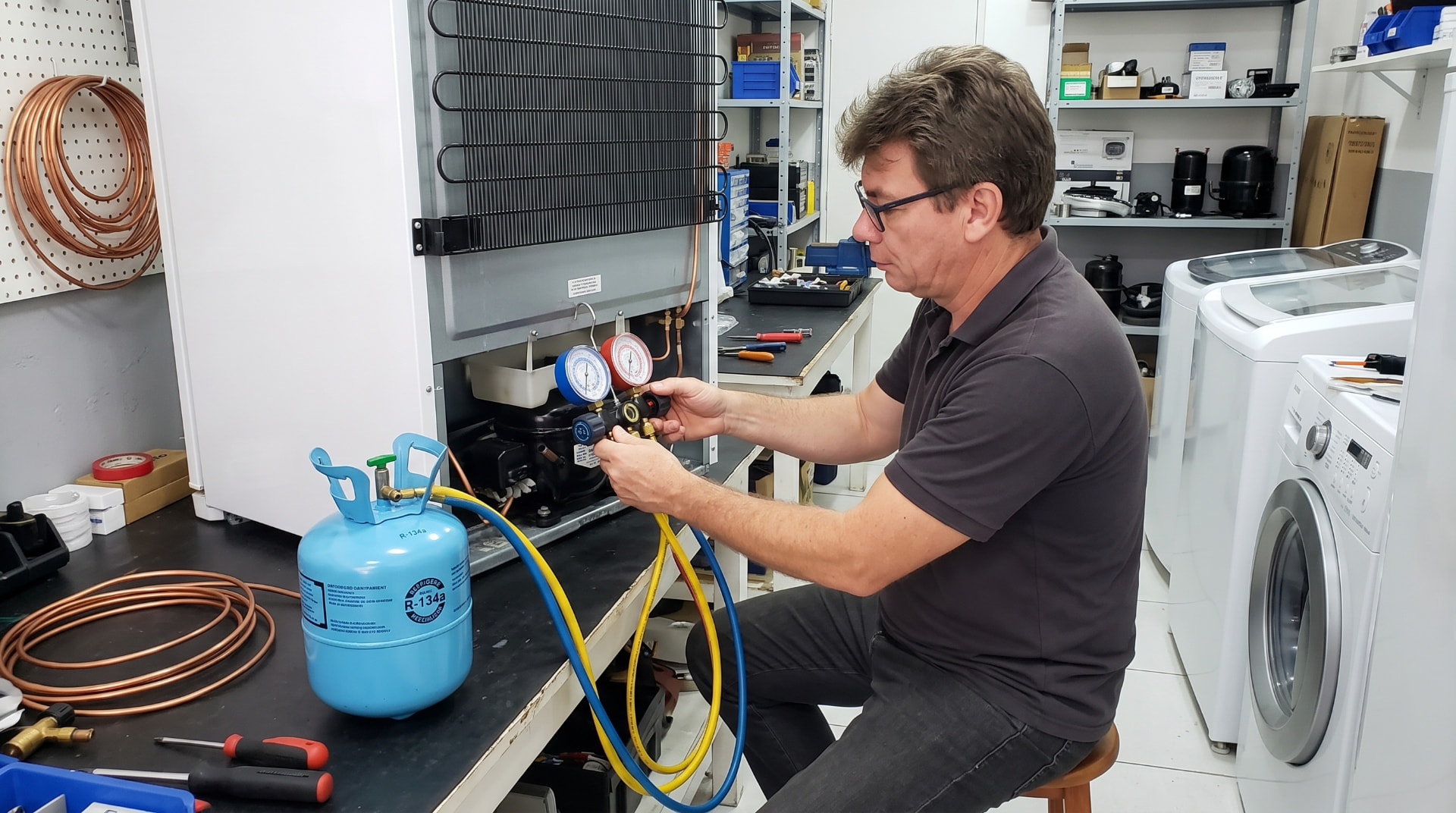 Técnico da Assistec trabalhando com cuidado em um refrigerador